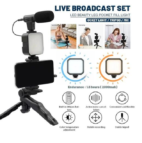 ALL IN ONE AY-49 Vlogging Video Making Kit for Live Streaming Vlogging Self-Portrait Photography, Video Making kit, with stand,Led Light, Mobile Holder.